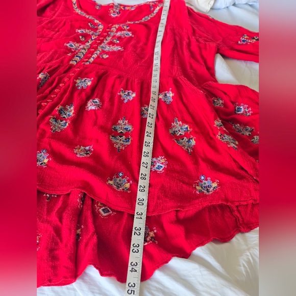 Free People Arianna Embroidered Tunic Red Boho Peasant Top Button Front Size L - Picture 10 of 14